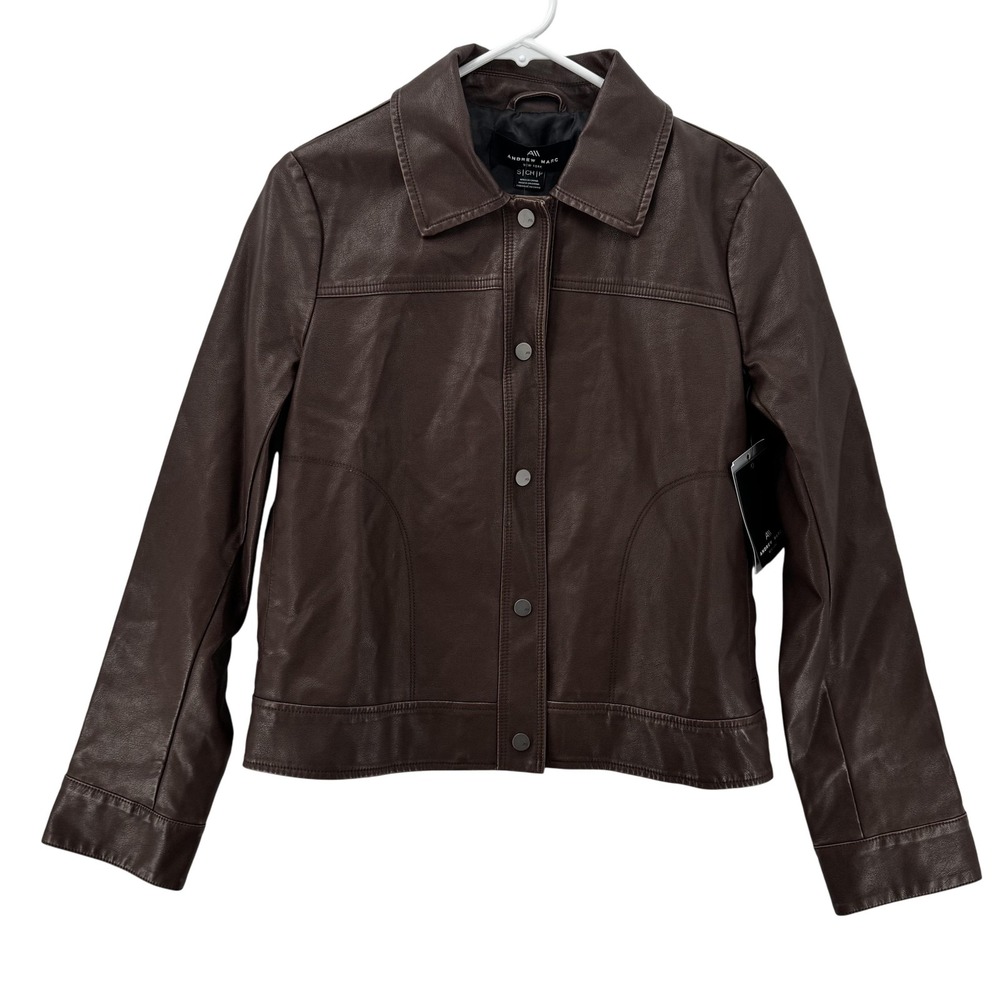 Andrew Marc New York Jacket Womens‎ Small Brown Faux Leather Snap Front MNX44951